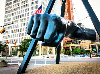 The Fist sculpture is located in downtown Detroit Michigan.