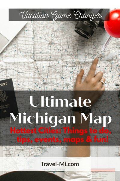 General Map Graphic with a person's finger pointing at Michigan